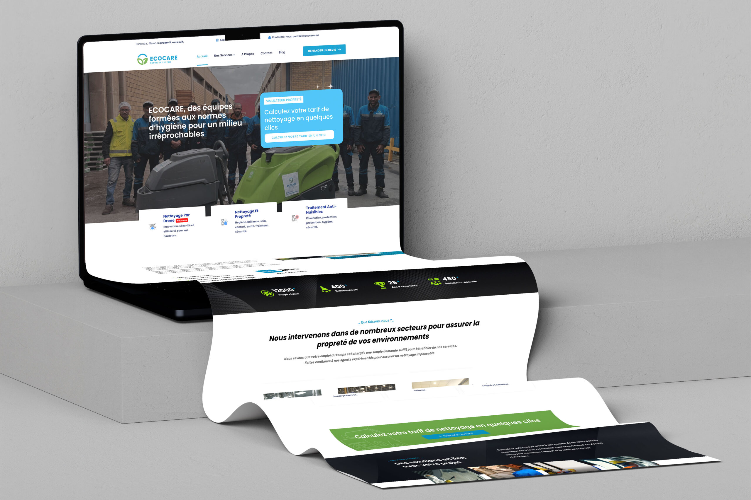 EcoCare website design project featuring a modern cleaning service website, drone cleaning solutions, responsive pages, and an interactive cost simulator to generate quote requests.